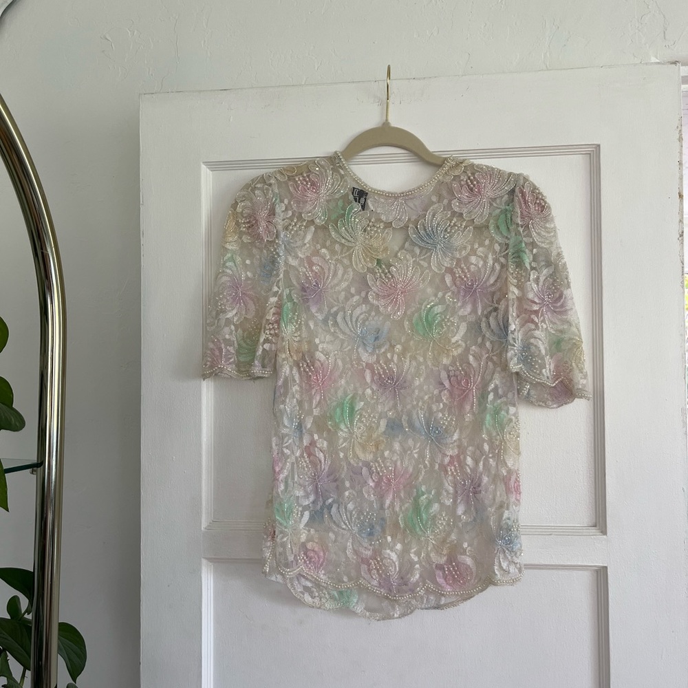 Vintage beaded sequin pastel blouse